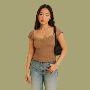 ✨ Dazy Brown Ribbed Lace Trim Cap Sleeve Top – Size XL ✨